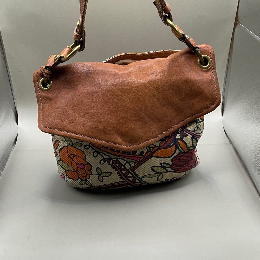 Fossil Floral Leather Shoulder Bag Vintage Fossil Leather Fabric Brass OH MY